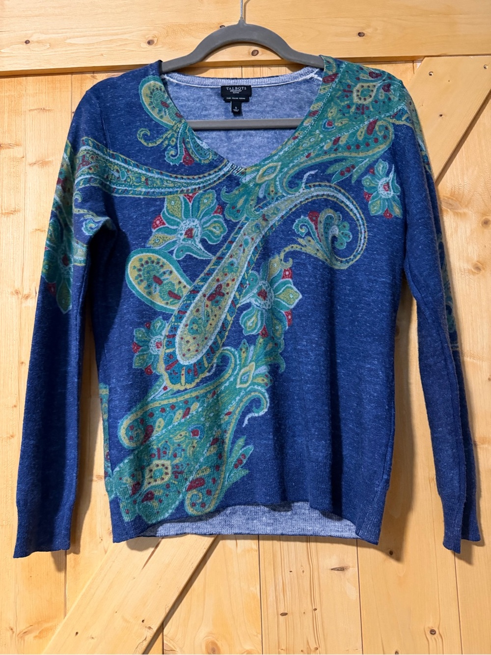 Talbots Petites 100% Italian Merino Wool Paisley V-Neck Sweater Small Blue